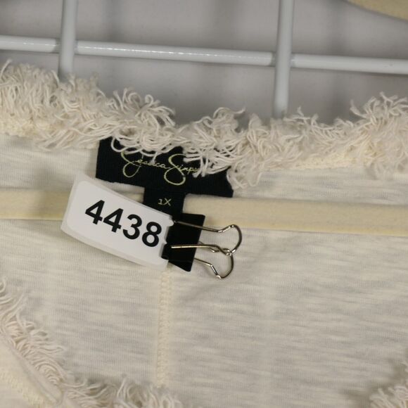 Jessica Simpson Ivory T Shirt Womens 1X Cotton Blend Fringe Short Sleeve Top - Picture 7 of 7